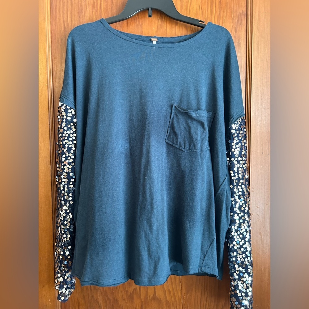 Free People Celine Long Sequin Sleeve Top